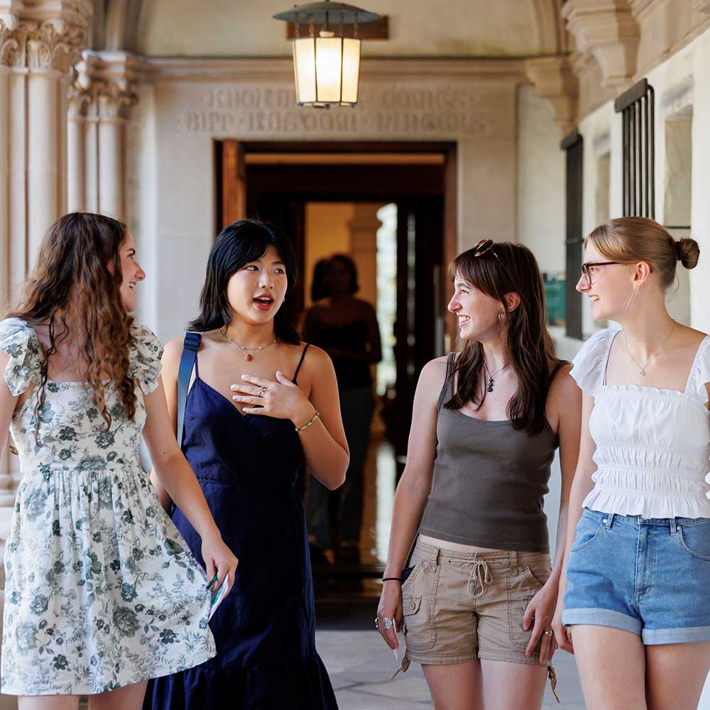 Fours students exiting Denison Library