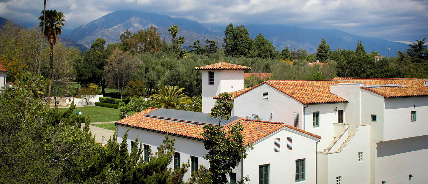 Aerial campus shot where Mt. Baldy can be seen in the background