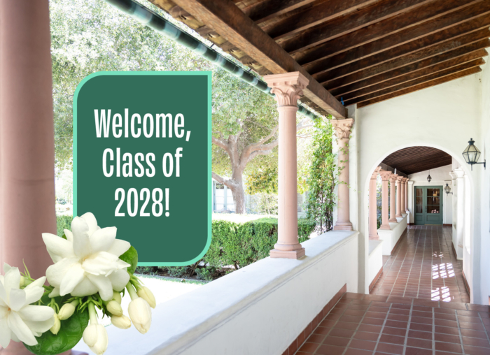 Hallway with pillars and text reading Welcome, Class of 2028!