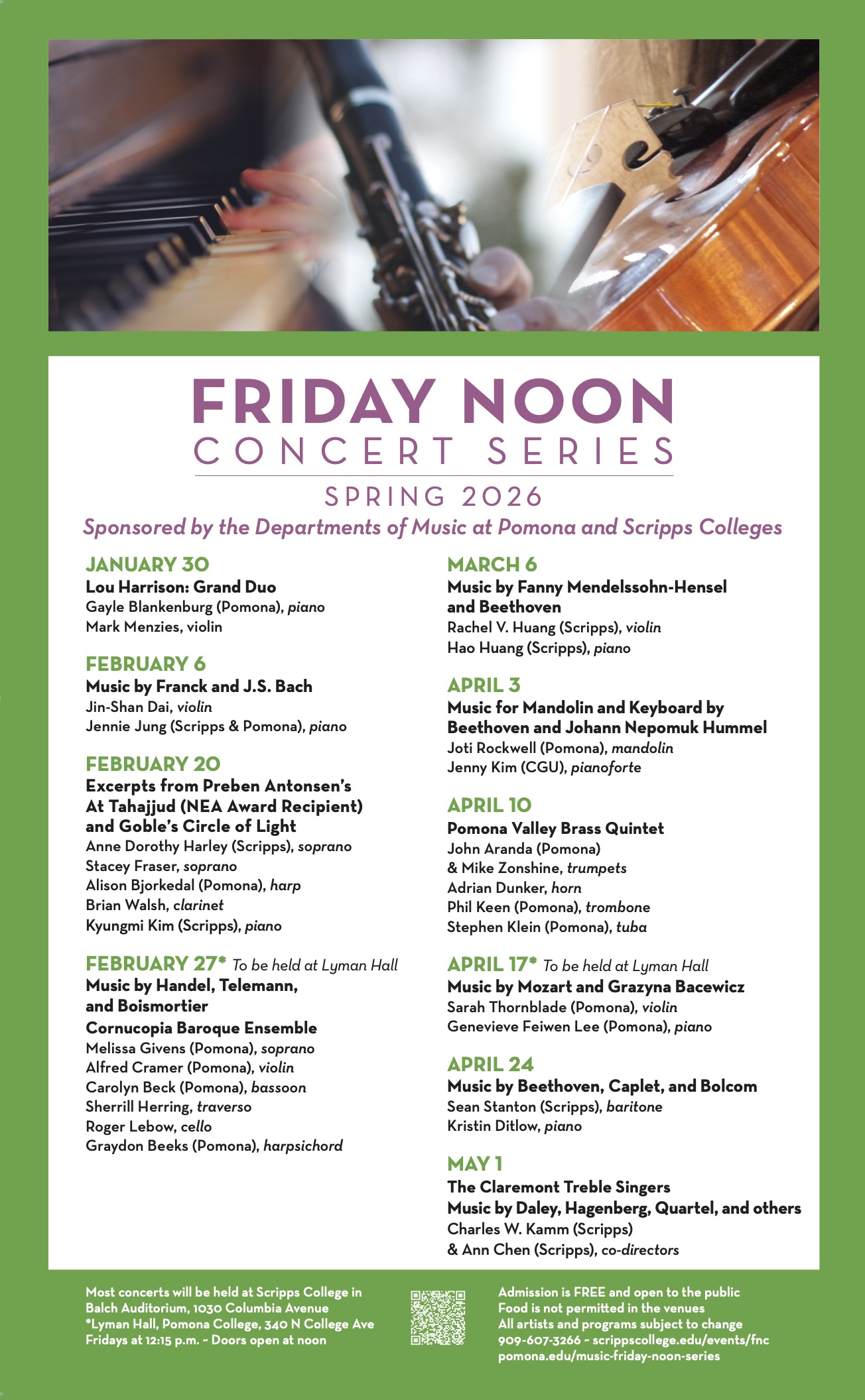 Flyer for Friday Noon Concerts Spring 2026