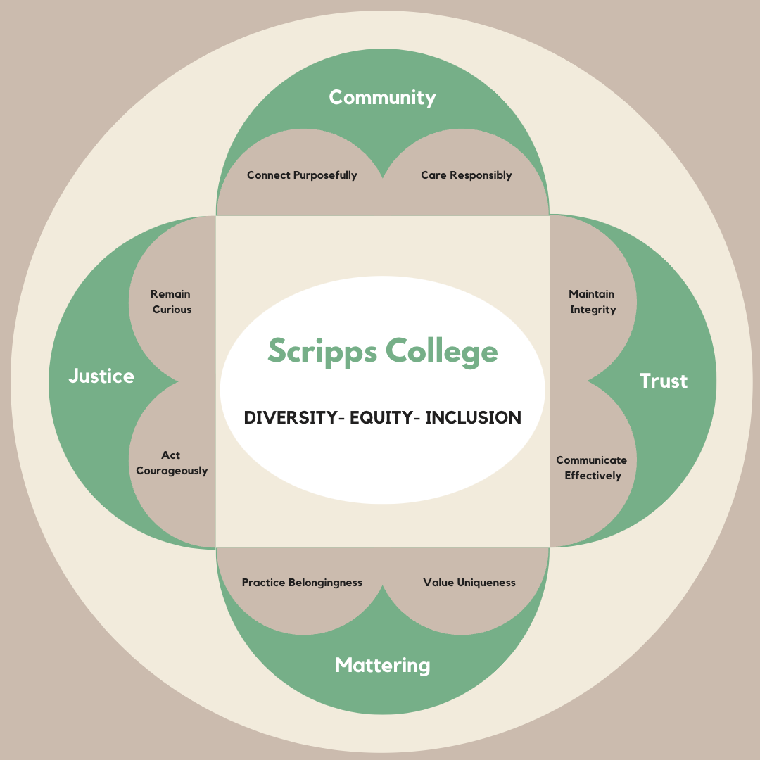 Circle within a circle with the words diversity, equity, and inclusion; justice, community, trust, and mattering.  