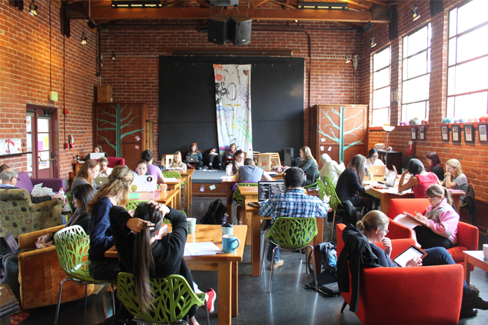 Students sitting in a lounge at The Motley.