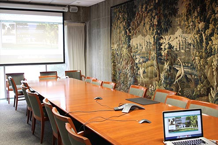 A conference table in the Steele Conference Room at Scripps College