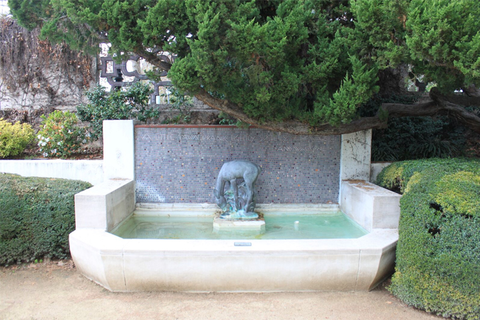 A deer-shaped fountain in Stewart Court at Scripps College