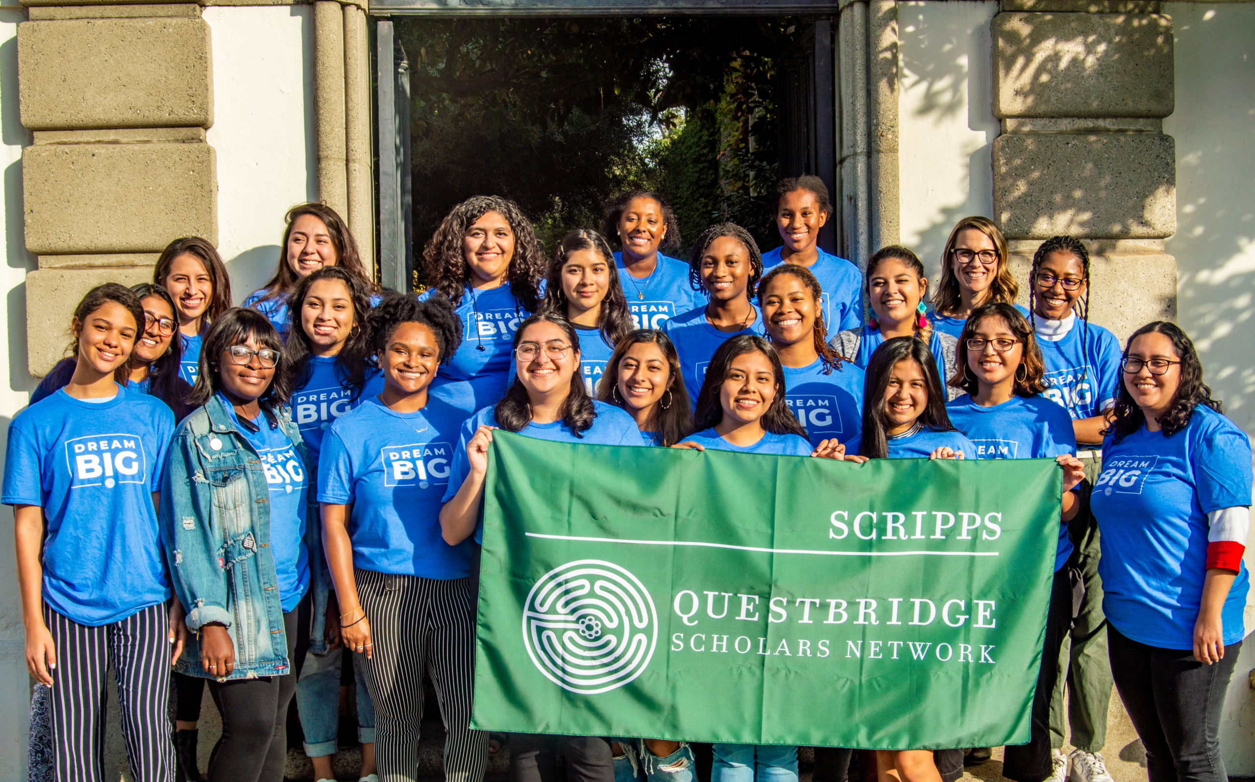 Underrepresented QuestBridge Scholar students gather outside of Honnold Gate at Scripps College