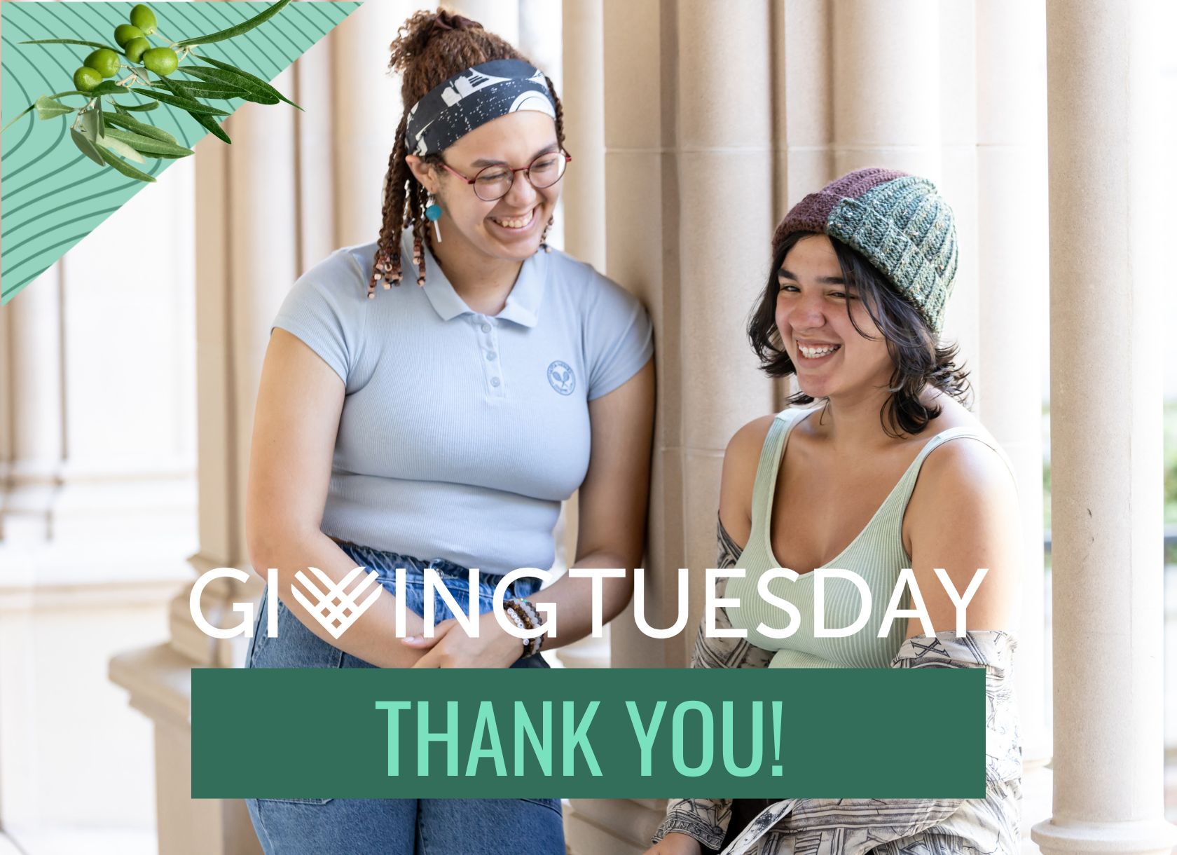 GivingTuesday Thank You Banner with two Scripps College students