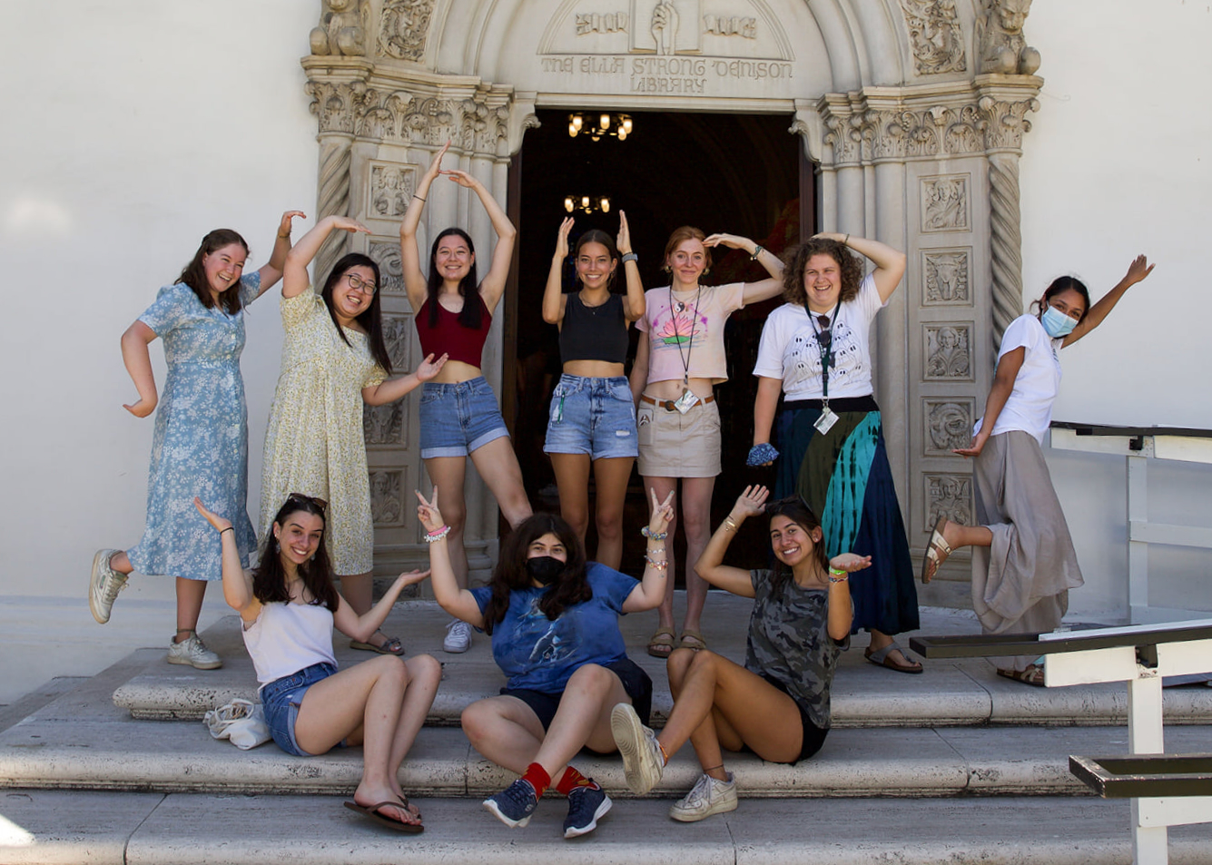 Scripps College students in front of Denison Library