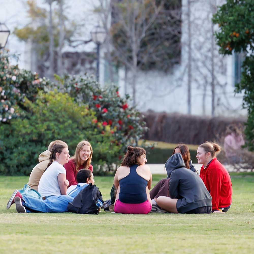 Group of students sitting on the lawn in a circle