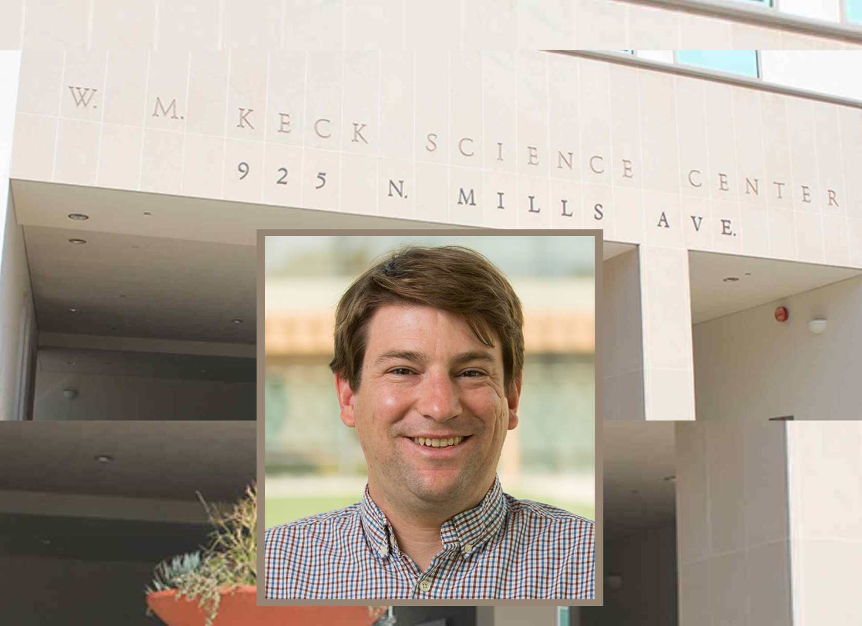 Portrait of Aaron Leconte superimposed on a photo of the W.M. Keck Science Department