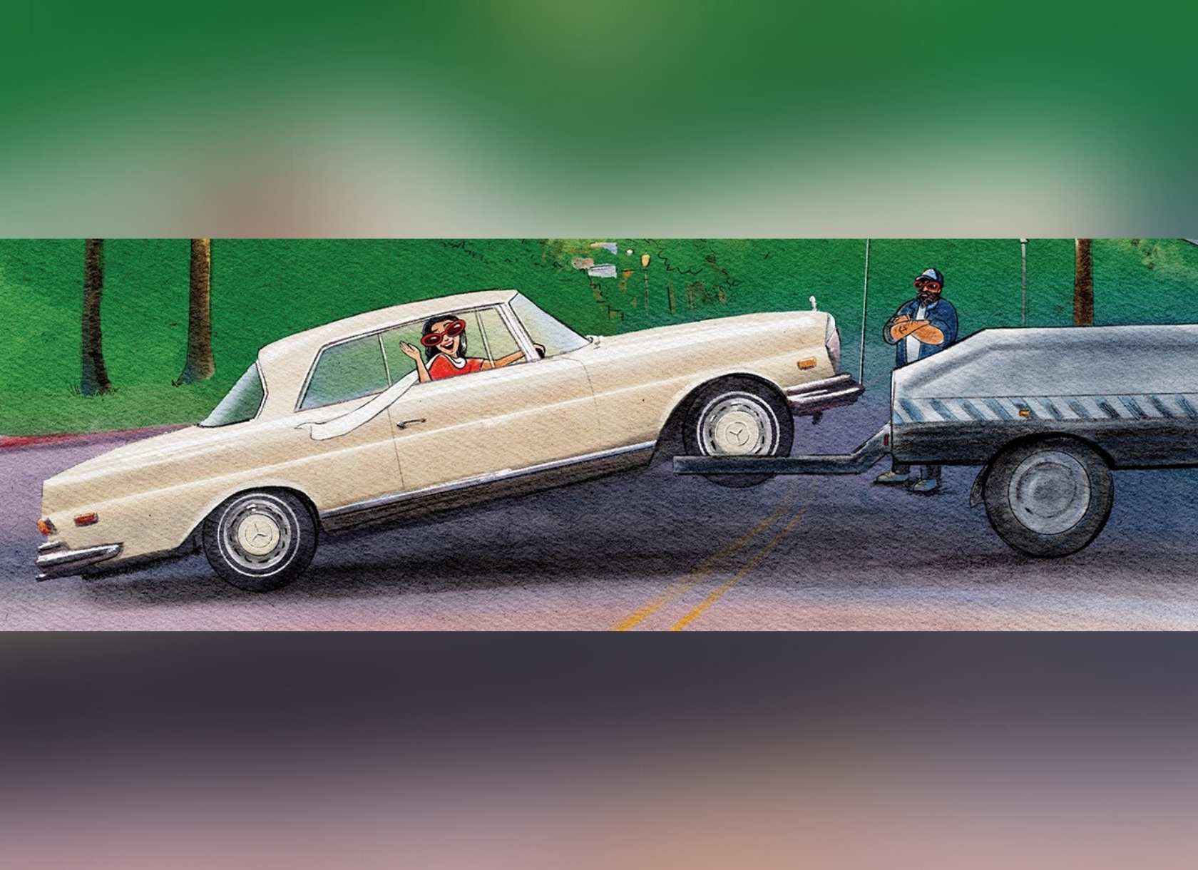 Illustration by Alexia Lozano of a woman in a car being towed