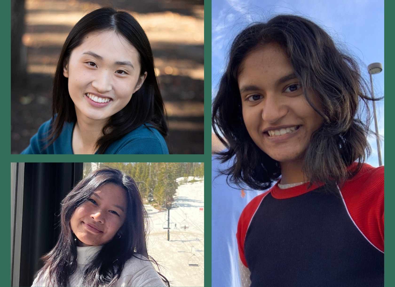 Clockwise from top left: Portraits of Scripps College students Ellen Hu, Raka Mukherjee, and Jocelyn Chang