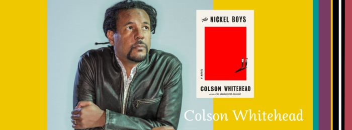 Visual art of an African American man with a beard and leather jacket next to and an image of a book cover for The Nickel Boys.