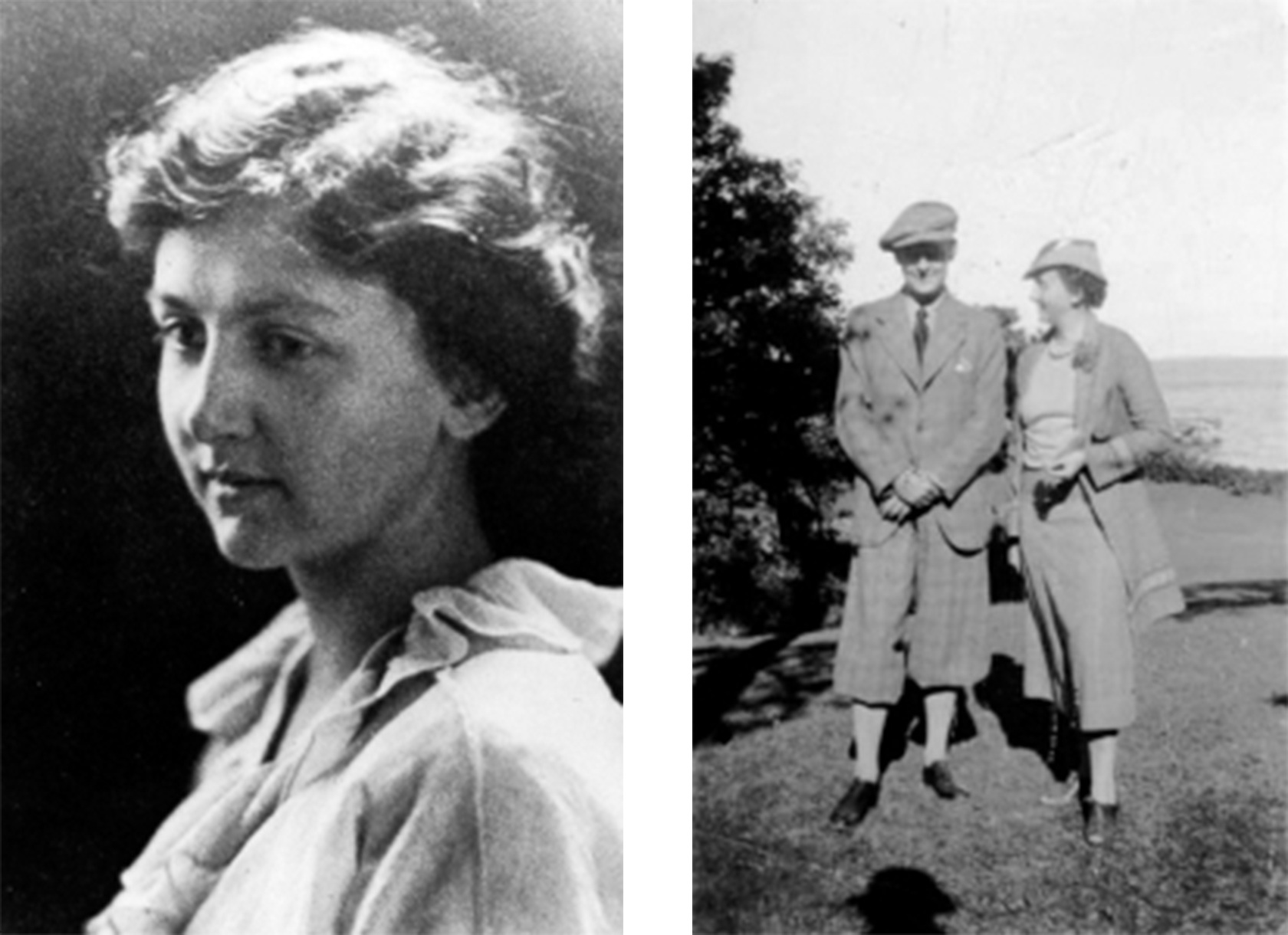 A black and white portrait photo of a white woman with short hair, and a black and white photo of a white man and woman walking together outside.