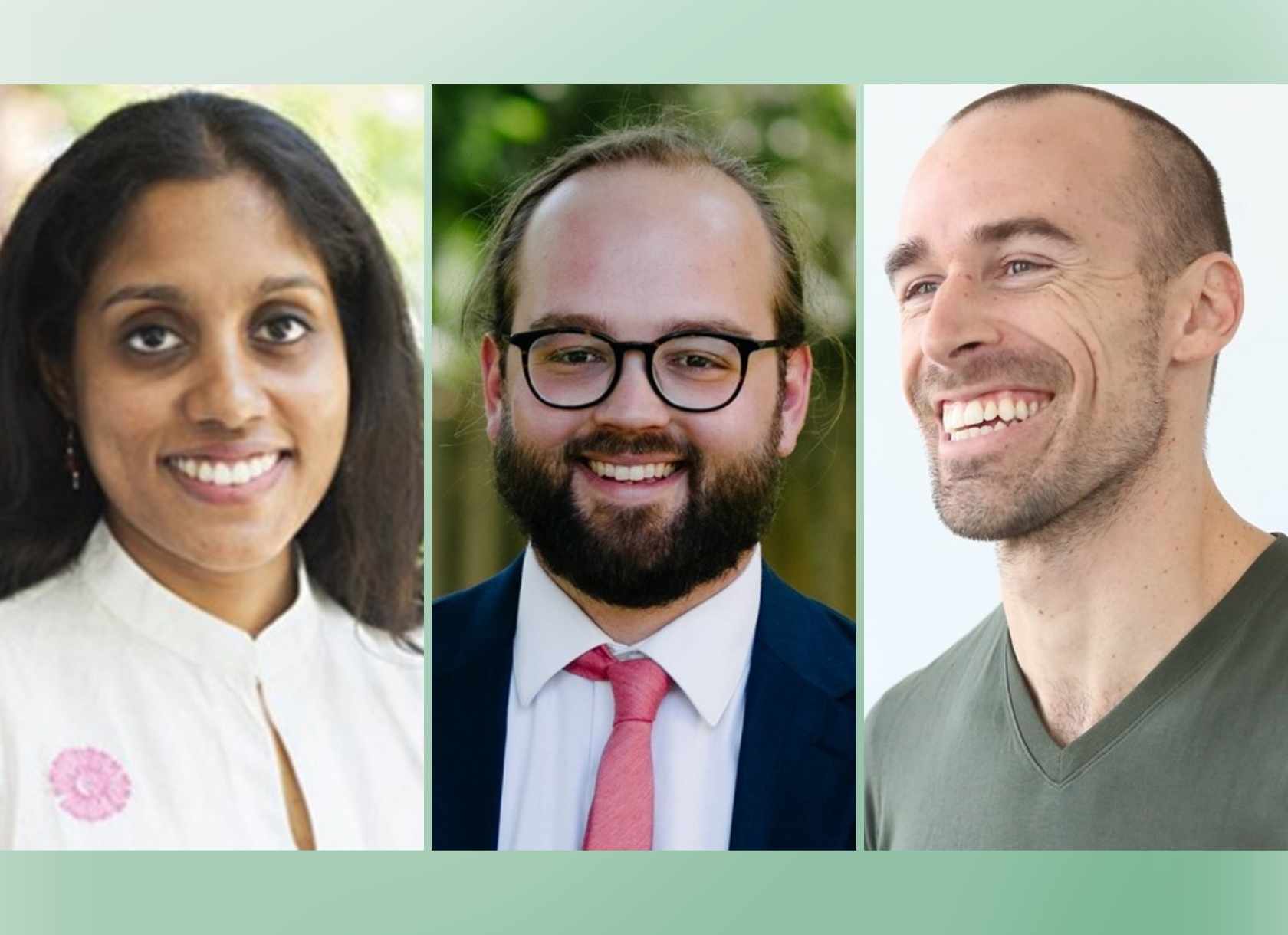 Portrait compilation of Scripps College faculty Nayana Bose, Ted Bartholomew, and Kevin Williamson