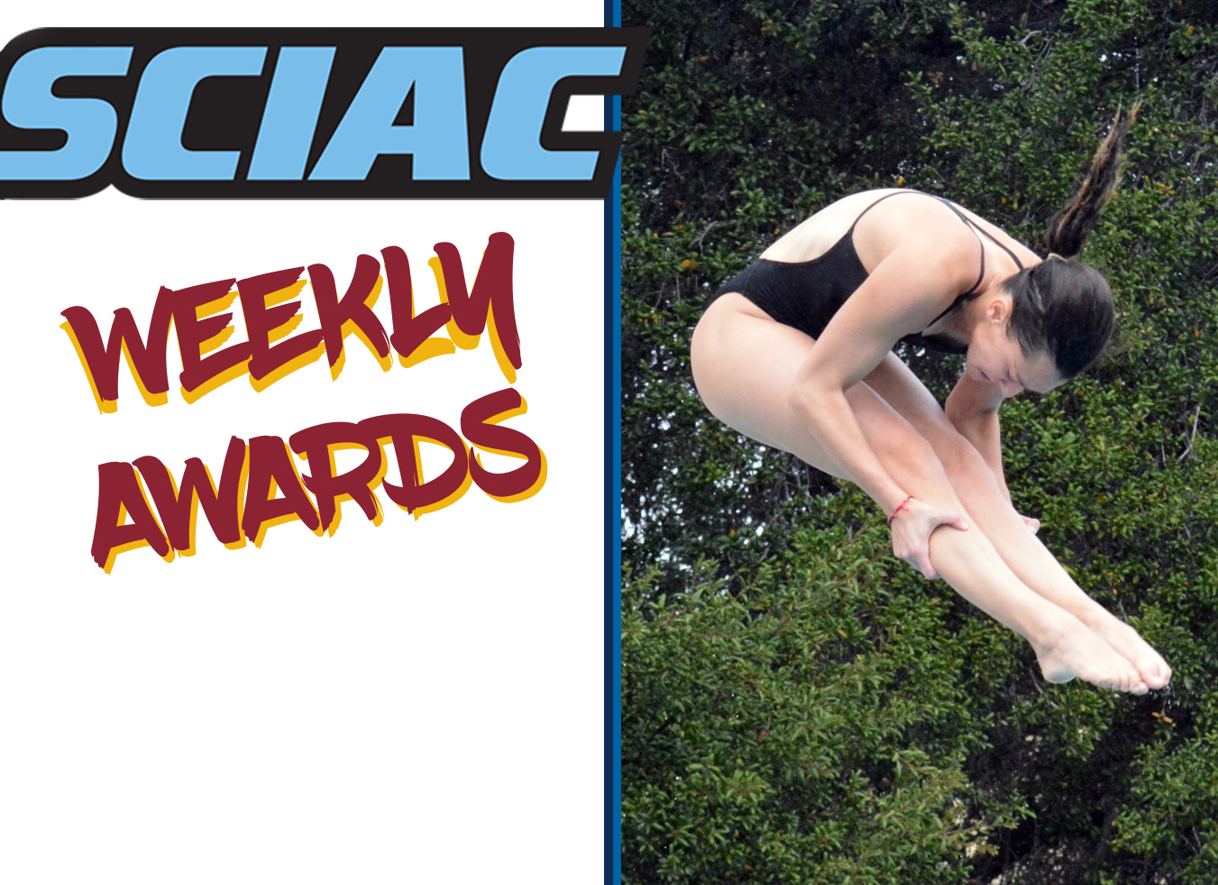 A logo that says 'SCIAC Weekly Awards' next to a picture of a young white woman diving.