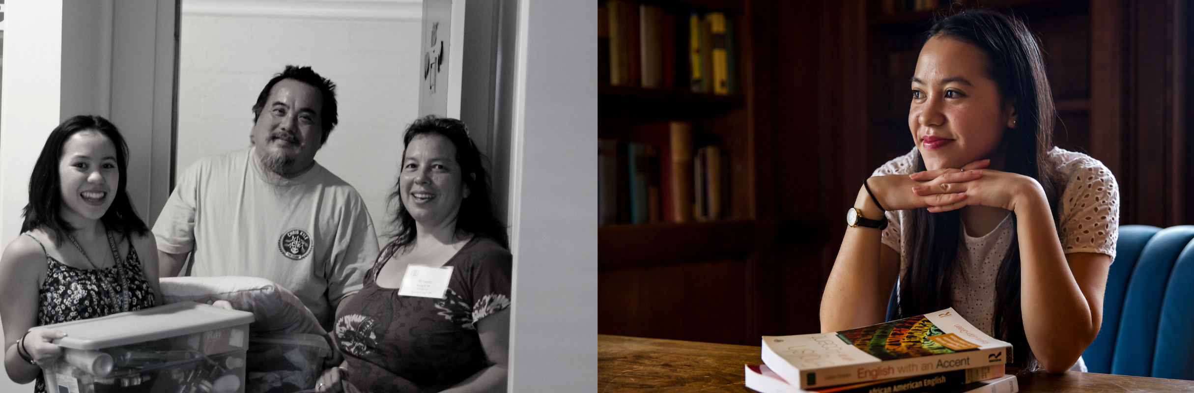 A black and white photo of a young woman with her mother and father next to a color picture of the young woman sitting inside and looking to the left.