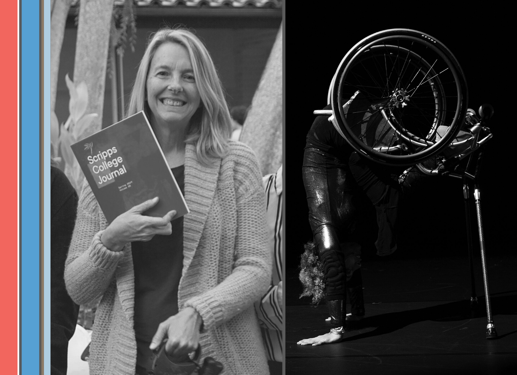 A black and white photo of a smiling white woman wearing a long cardigan and holding up a magazine, next to a black and white photo of a person in a wheelchair doing a handstand. next to a 