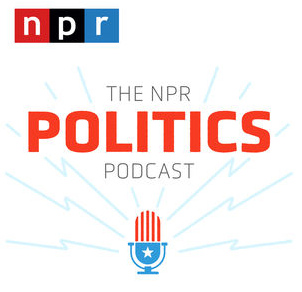 A logo for the NPR Politics Podcast with an icon of a red, white and blue microphone.