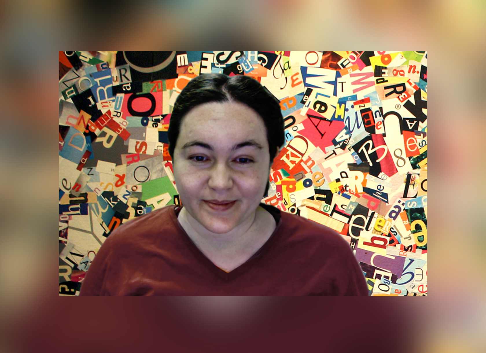 Portrait of Assistant Professor of Physics Sarah Marzen in front of a collage of letters