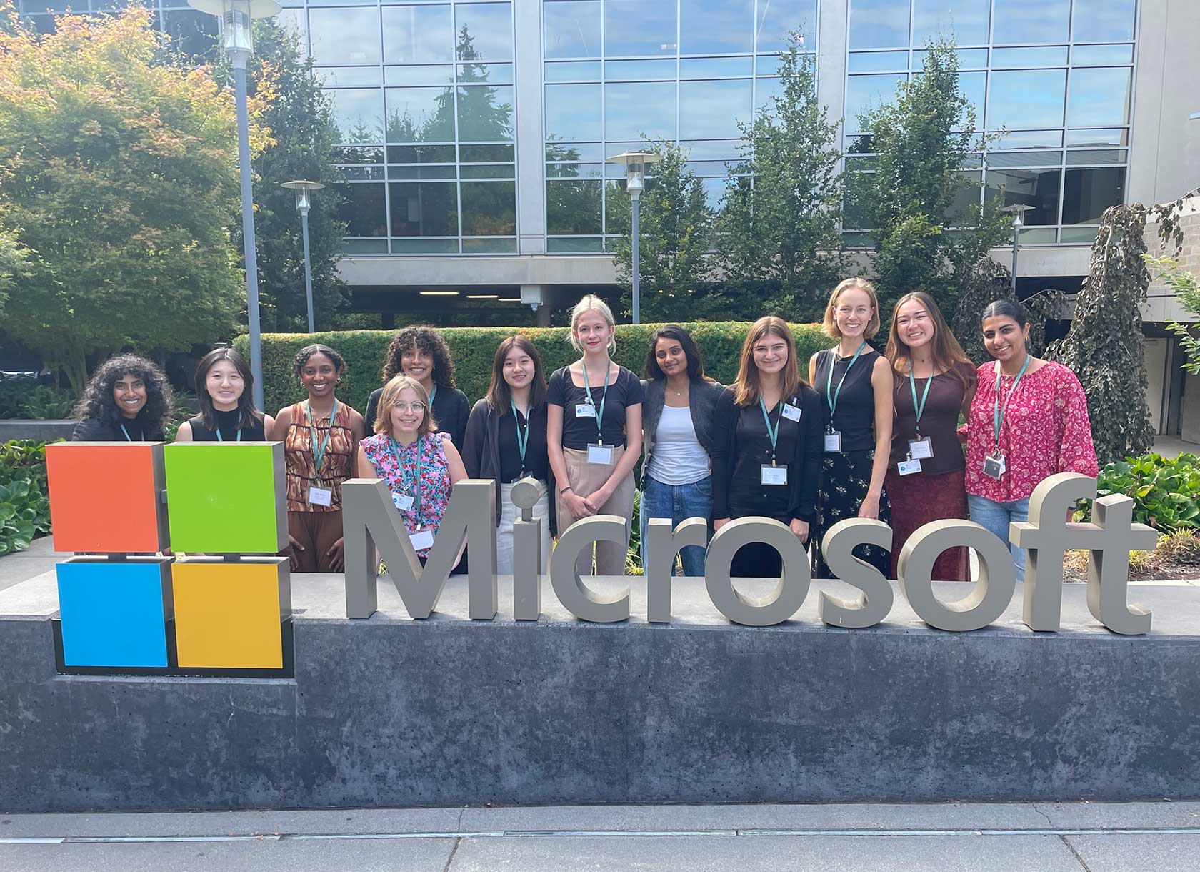 Scripps students pose with the Microsoft sign on a Seattle Career Exploration Trek