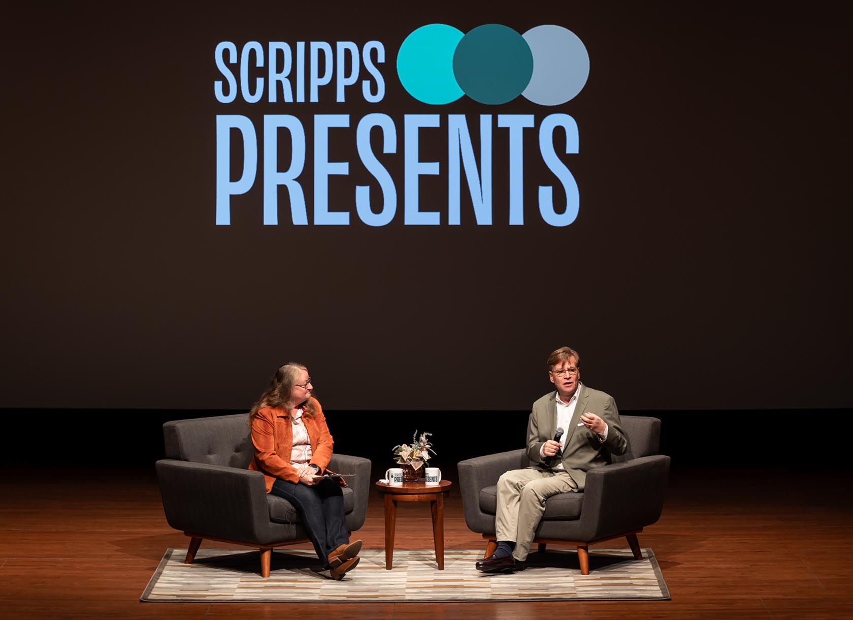 Academy Award–winning writer, director, and playwright Aaron Sorkin (right) in conversation with beloved theater educator Krista Carson Elhai (left) during a Scripps Presents event.