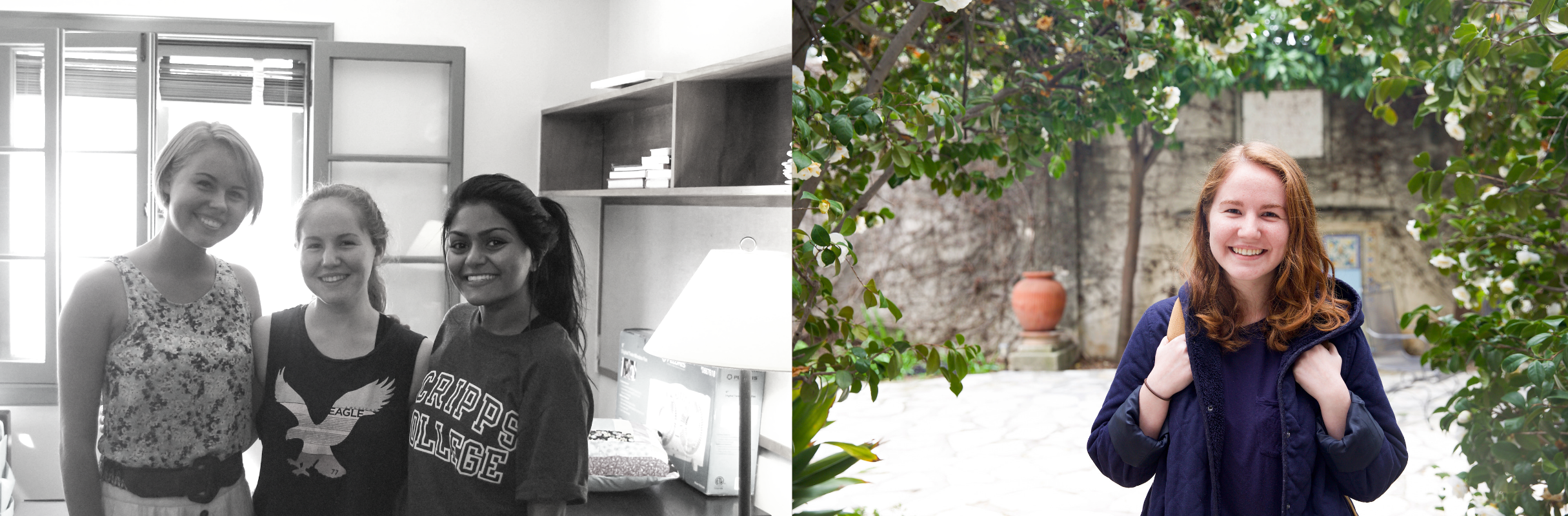 A black and white image of three young woman in a kitchen next to a color of one of the young white women smiling in a courtyard outside.