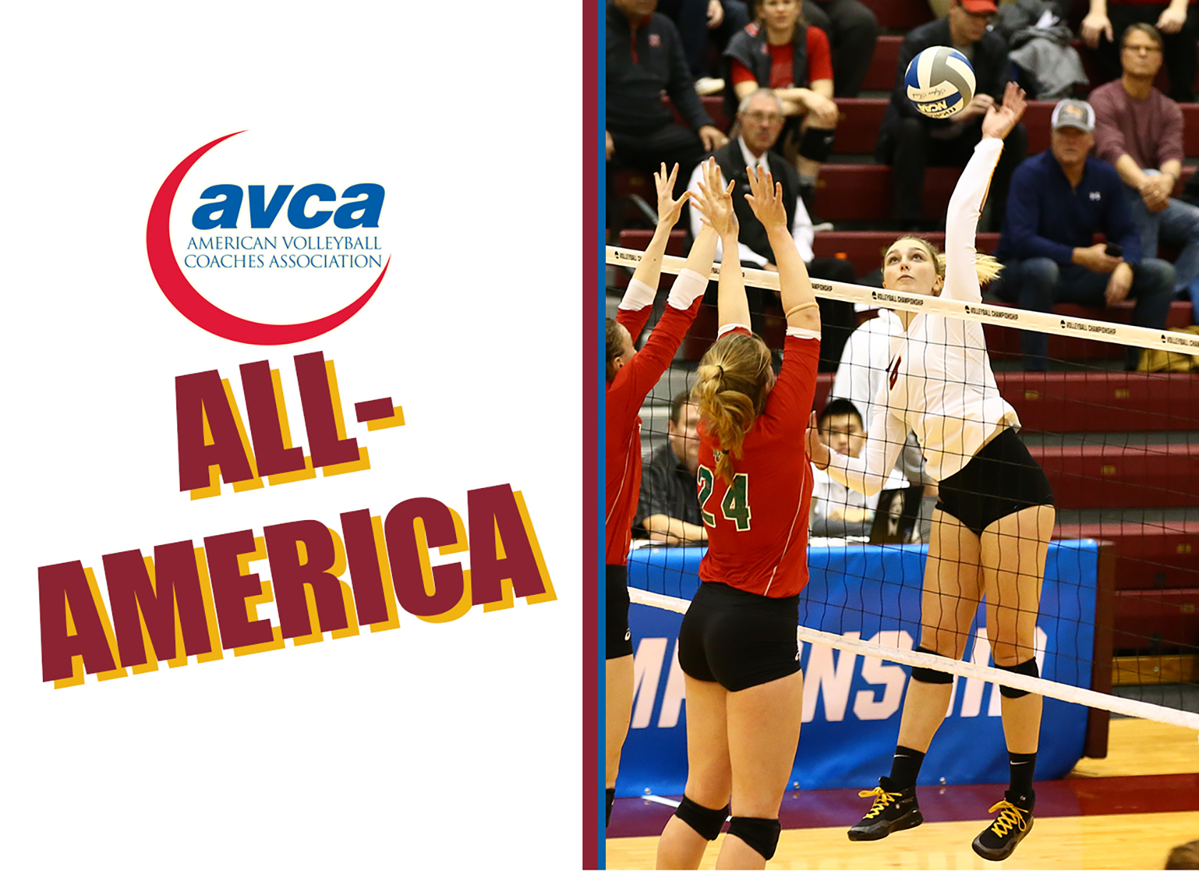 A logo saying 'AVCA All-America' and picture of a young white woman spiking a volleyball during a game.