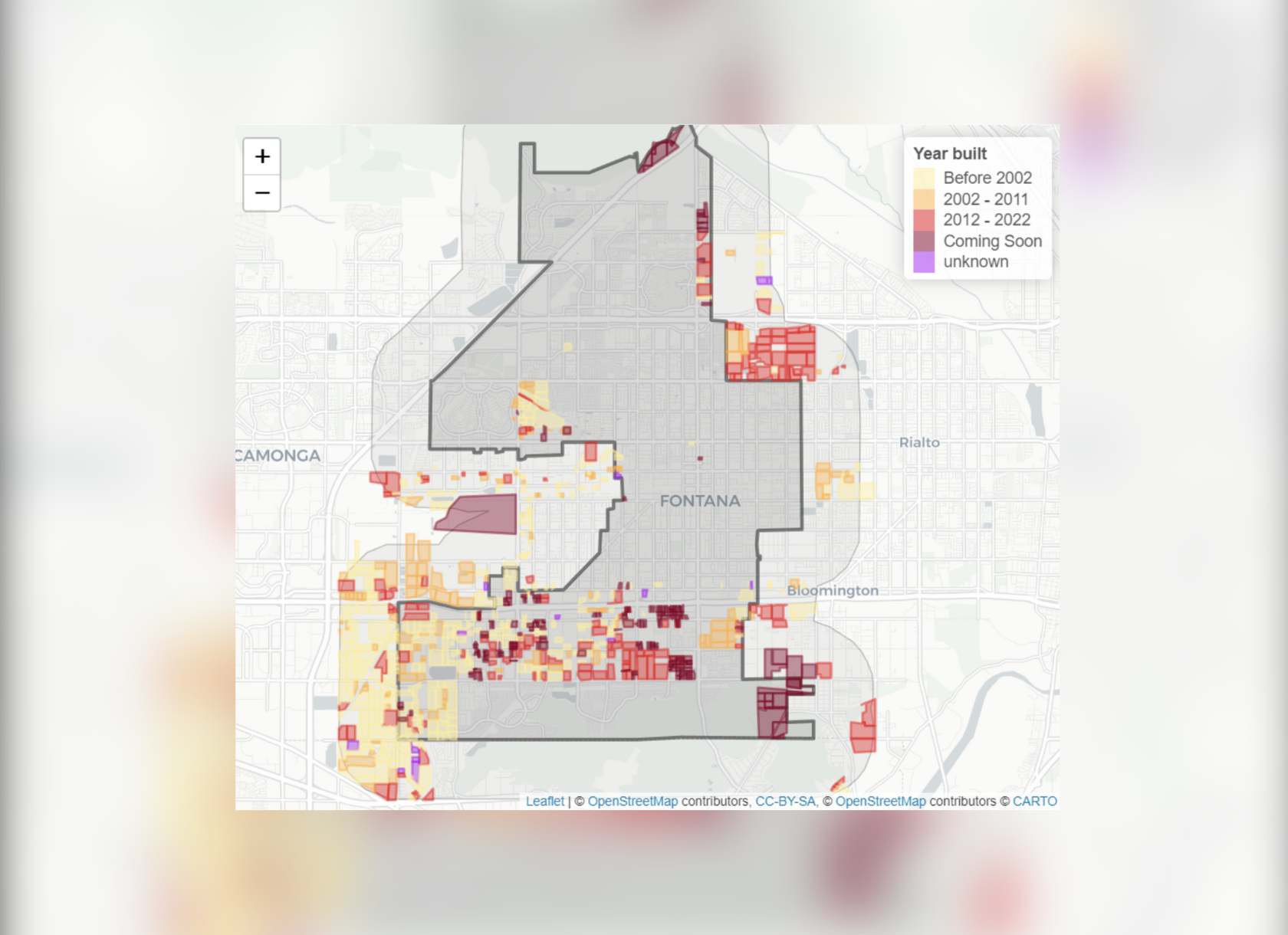 A map showing warehouse development in Fontana over time