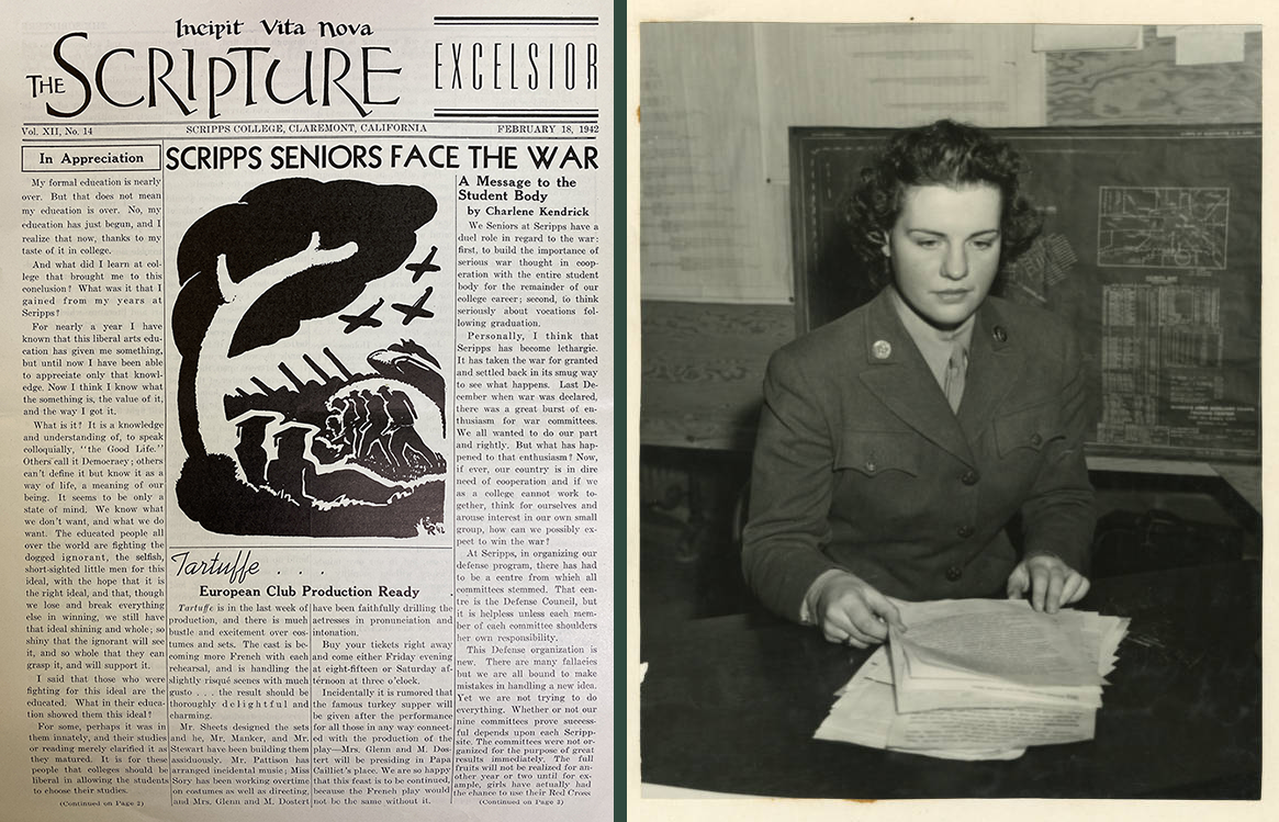 Left: The Scripture, a student newspaper, February 1942. Right: Caroline Mount ’42, wearing the uniform of the Women's Army Auxiliary Corps