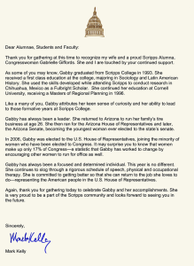 A letter from Gabrielle Giffords' husband Mark Kelly thanks the Scripps College community for its continued support.