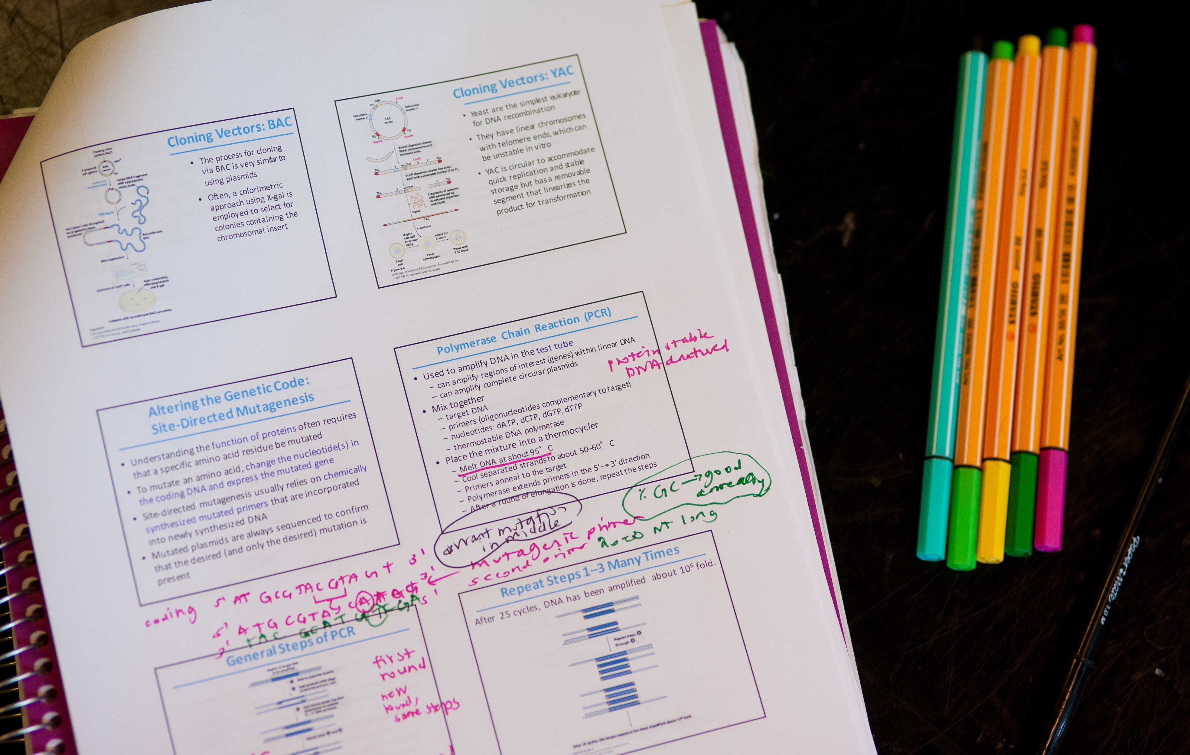 Colored pens and a notepacket with slides from a powerpoint.