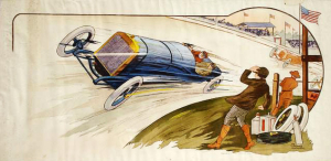 Indianapolis 1913, a rendering of a 19th century race car speeding through a track.