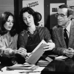 Christy Bertelson (center), demonstrates the "hand printing process" for co-host Mary Armantrout and host George Fenneman, on KNBC and Channel 4's 'On Campus.'