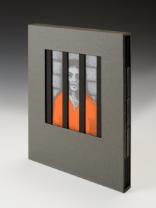 A painting of a person in an orange jumpsuit behind prison cell bars.