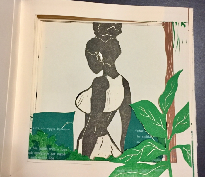 A page in a handmade book with a back-view rendering of a black woman's figure in white clothing.