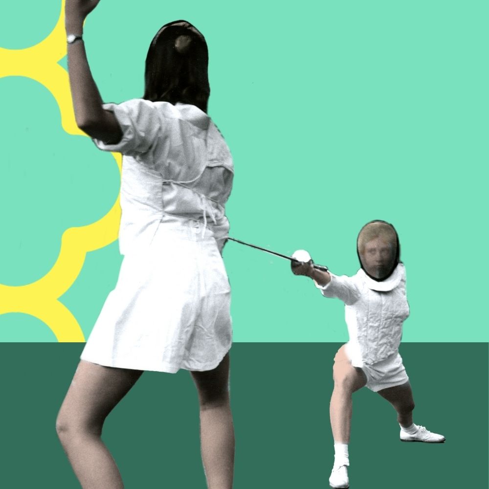 Two ladies fencing with fencing foils